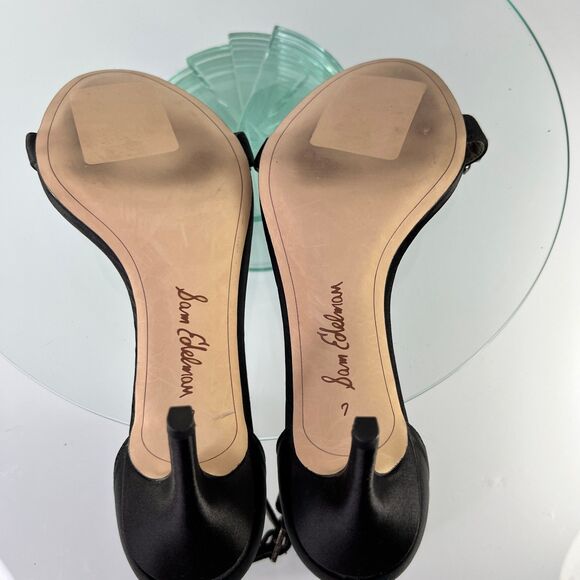 Sam Edelman Platt Heel Sandals Black Beaded Open Toe Ankle Strap Satin - Picture 6 of 7